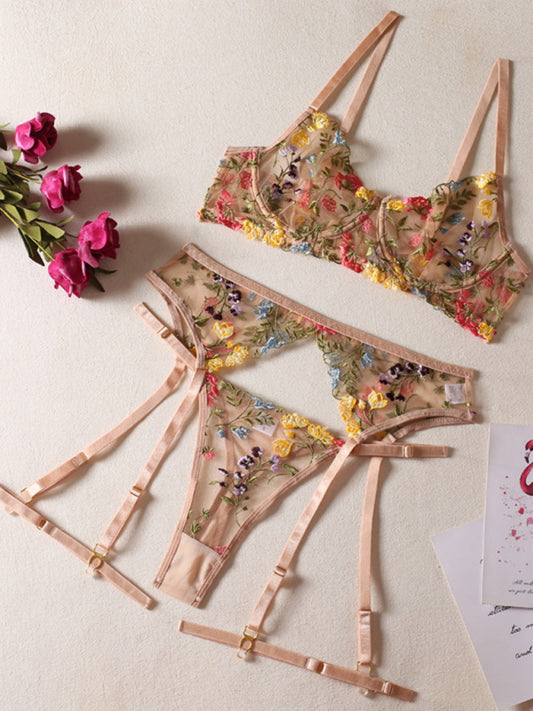 Floral bra suspenders thong leg ring three-piece sexy suit