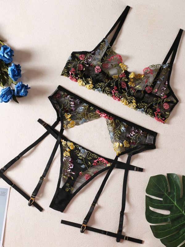 Floral bra suspenders thong leg ring three-piece sexy suit