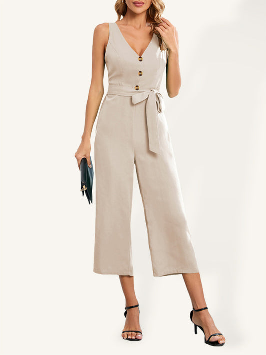 Women's Fashion Sexy Slim Sleeveless Button V-Neck Jumpsuit Sizing: True to size Material composition: 95%polyester5%spandex Clothing type: H Material: Polyester Pattern: Self design Fabric elasticity: No elasticity Season: Spring-Summer Weaving type: Wov