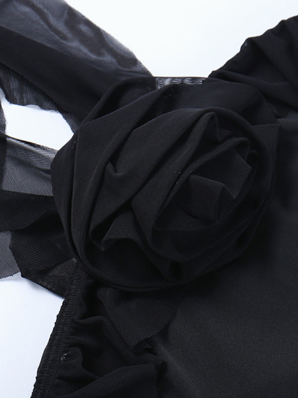Eco-friendly Halter neck three-dimensional flower ruffle streamer dress