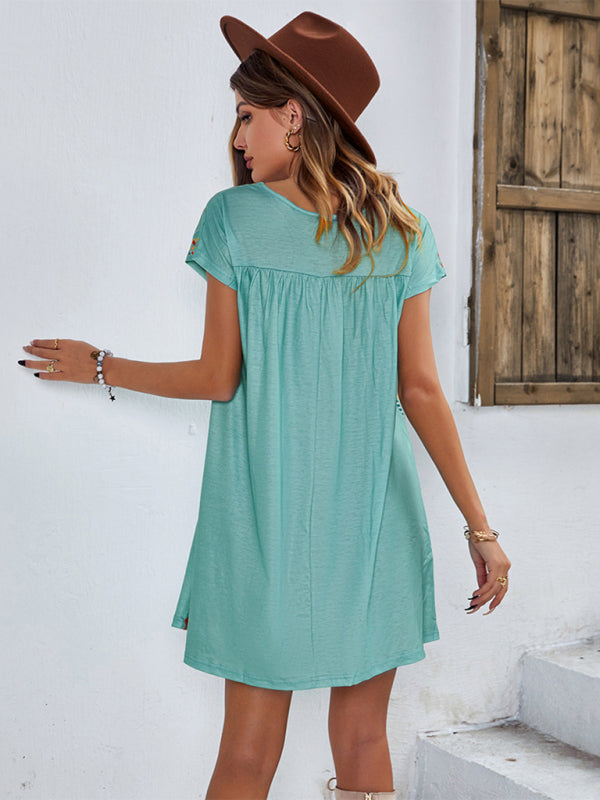 Eco-friendly Woman knitted round neck casual holiday short -sleeved dress