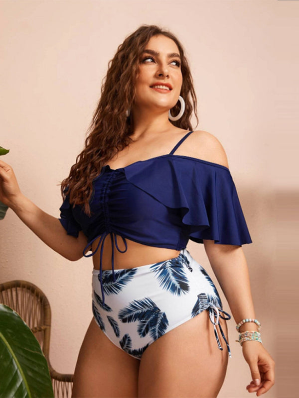 Eco-friendly Plus Size Women-Drawstring Ruffle Bikini One Shoulder Strap High Waist Swimsuit Set