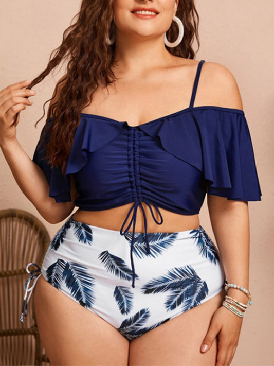 Eco-friendly Plus Size Women-Drawstring Ruffle Bikini One Shoulder Strap High Waist Swimsuit Set