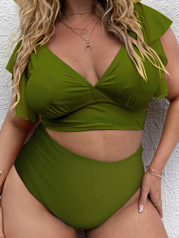 Eco-friendly Plus Size Women-Falbala V-Neck Bikini Set