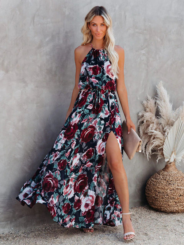 Women's Flower Print Halter Neck Large Swing Beach Dress Long Dress