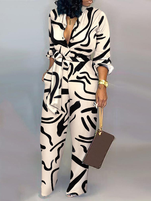 Eco-friendly Women's fashion commuting abstract print long-sleeved jumpsuit