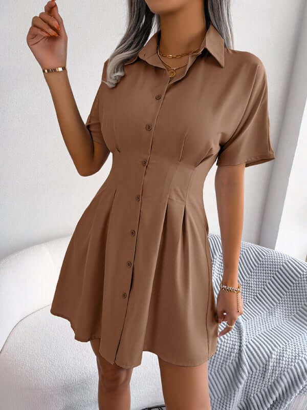 Eco-friendly Women's solid color casual waist press folded short-sleeved shirt dress