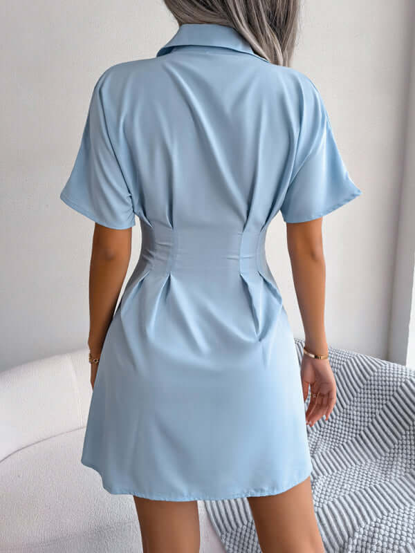 Eco-friendly Women's solid color casual waist press folded short-sleeved shirt dress