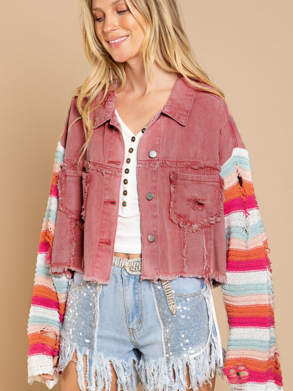 Eco-friendly Women's casual fashion denim rainbow long-sleeved splicing jacket