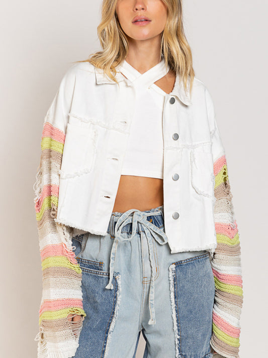 Eco-friendly Women's casual fashion denim rainbow long-sleeved splicing jacket