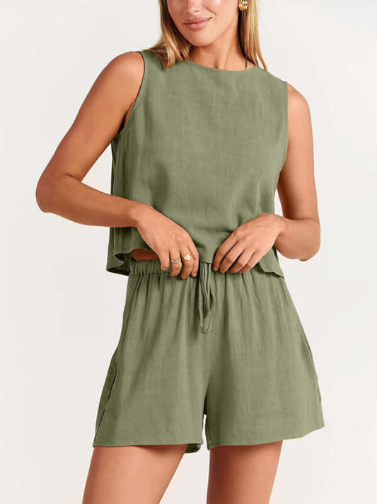 Eco-friendly Women's woven solid color sleeveless loose cotton linen top shorts two-piece set