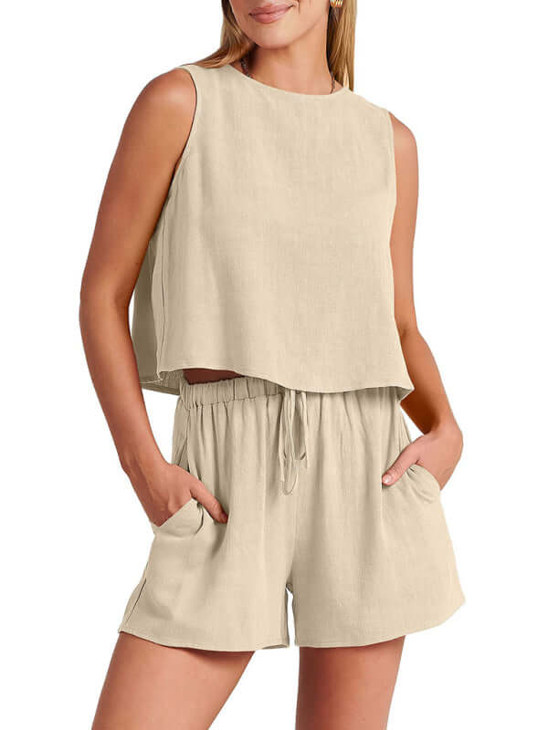 Eco-friendly Women's woven solid color sleeveless loose cotton linen top shorts two-piece set