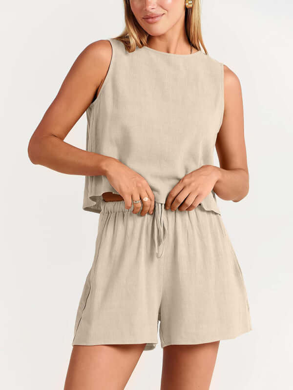 Eco-friendly Women's woven solid color sleeveless loose cotton linen top shorts two-piece set