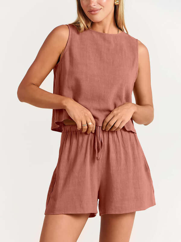 Eco-friendly Women's woven solid color sleeveless loose cotton linen top shorts two-piece set