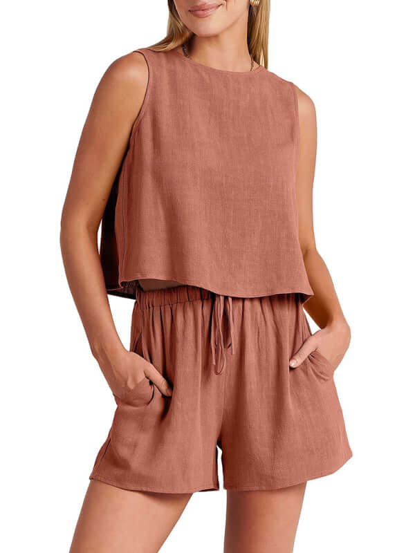 Eco-friendly Women's woven solid color sleeveless loose cotton linen top shorts two-piece set