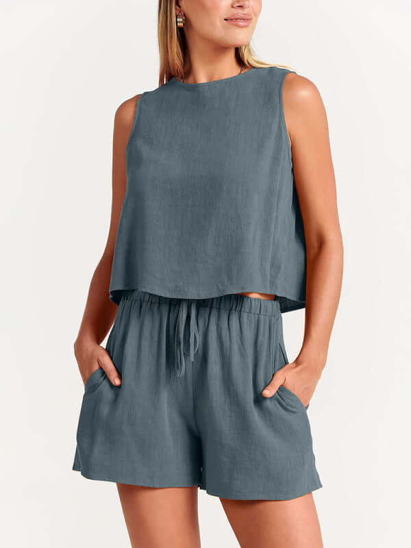 Eco-friendly Women's woven solid color sleeveless loose cotton linen top shorts two-piece set