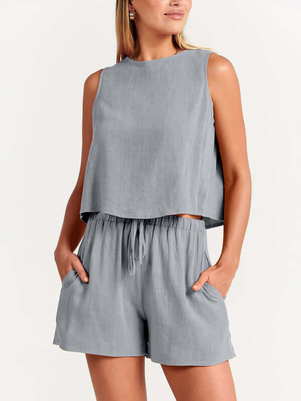 Eco-friendly Women's woven solid color sleeveless loose cotton linen top shorts two-piece set