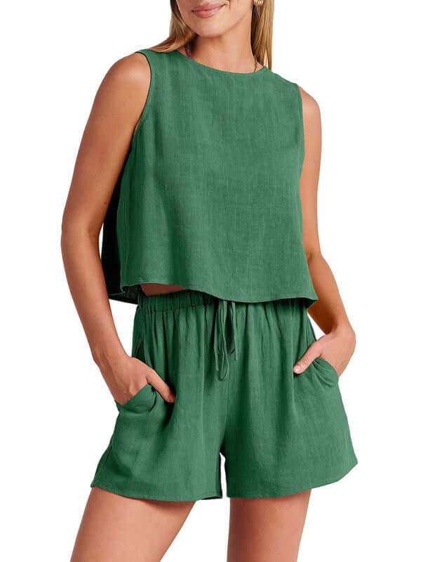 Eco-friendly Women's woven solid color sleeveless loose cotton linen top shorts two-piece set