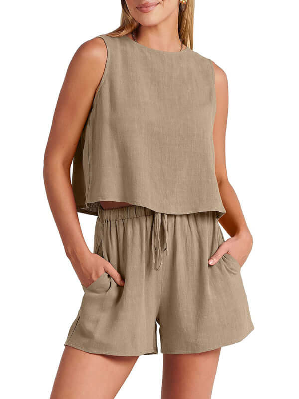 Eco-friendly Women's woven solid color sleeveless loose cotton linen top shorts two-piece set