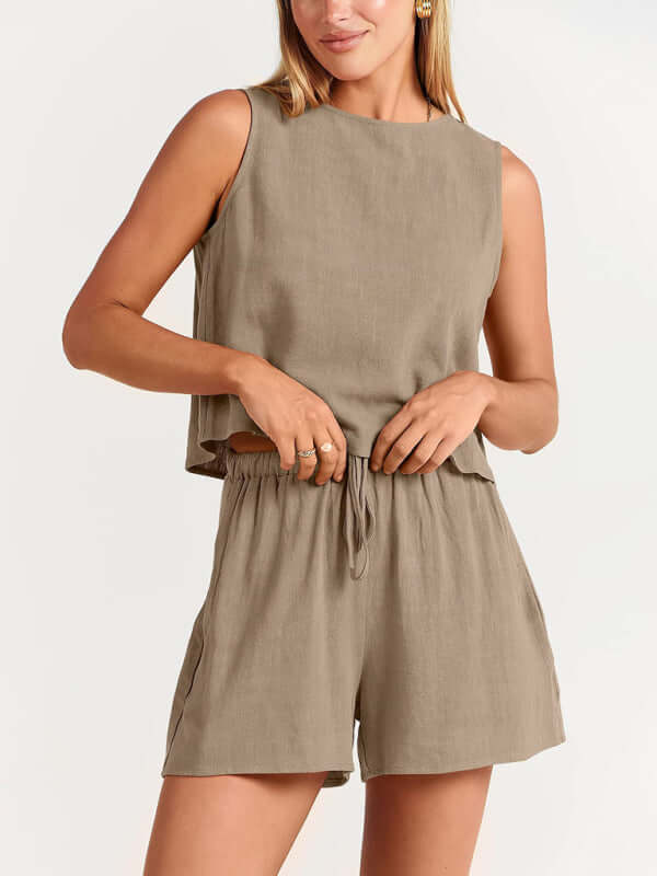 Eco-friendly Women's woven solid color sleeveless loose cotton linen top shorts two-piece set