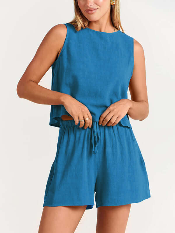 Eco-friendly Women's woven solid color sleeveless loose cotton linen top shorts two-piece set