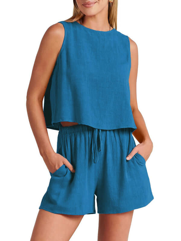 Eco-friendly Women's woven solid color sleeveless loose cotton linen top shorts two-piece set