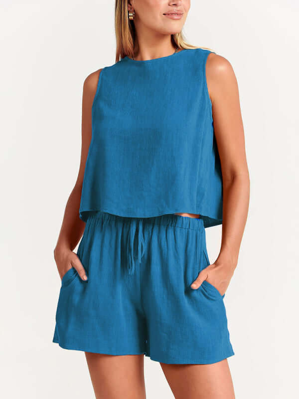 Eco-friendly Women's woven solid color sleeveless loose cotton linen top shorts two-piece set