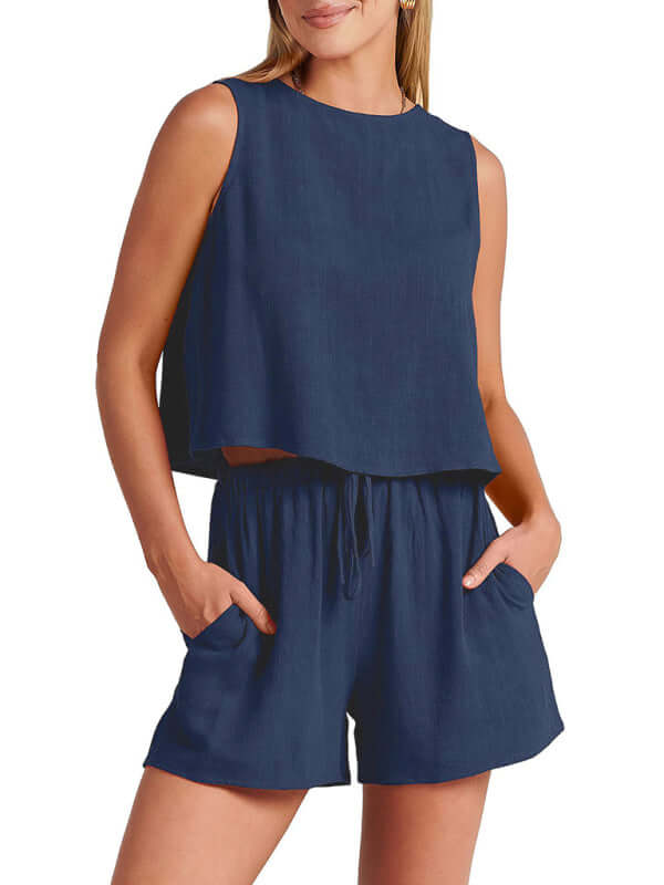 Eco-friendly Women's woven solid color sleeveless loose cotton linen top shorts two-piece set