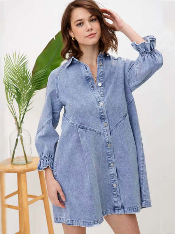 Eco-friendly Women's Casual Loose Denim Balloon Sleeve Long Sleeve Dress