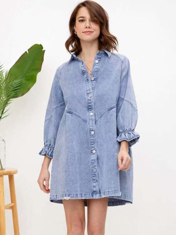 Eco-friendly Women's Casual Loose Denim Balloon Sleeve Long Sleeve Dress