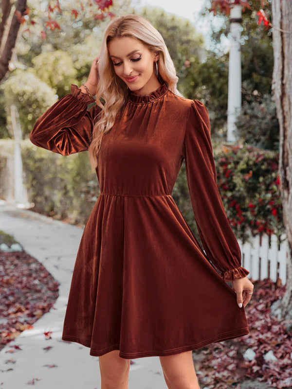 Eco-friendly Turtleneck velvet solid color waist dress
