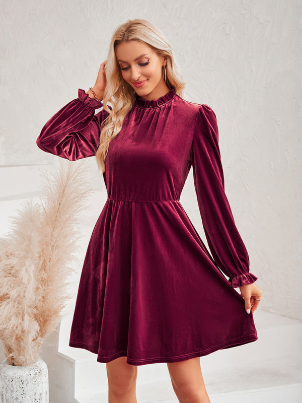 Eco-friendly Turtleneck velvet solid color waist dress