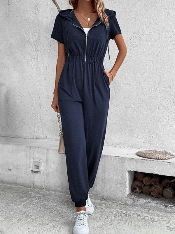Eco-friendly Hooded Zip Loose Casual Cargo Jumpsuit