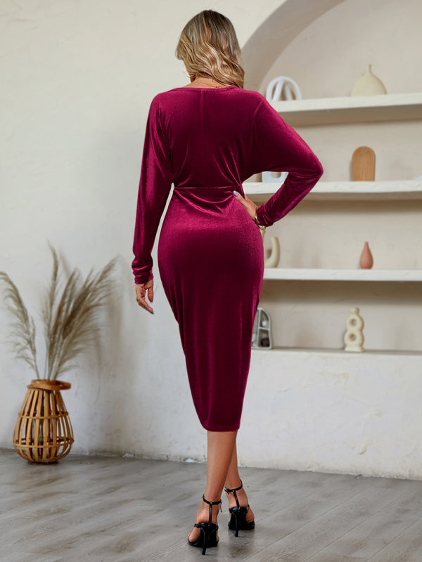 Eco-friendly Women's V-neck solid color waisted velvet dress