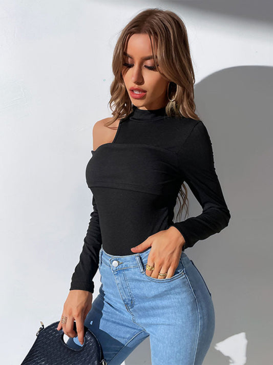Round Neck Long Sleeve Off Shoulder One Shoulder Knit Bodysuit Sizing: True to size Material composition: 65% Polyester, 35% Cotton Clothing type: S Material: Polyester Pattern: Self design Fabric elasticity: Slight elasticity Season: Spring-Summer Weavin