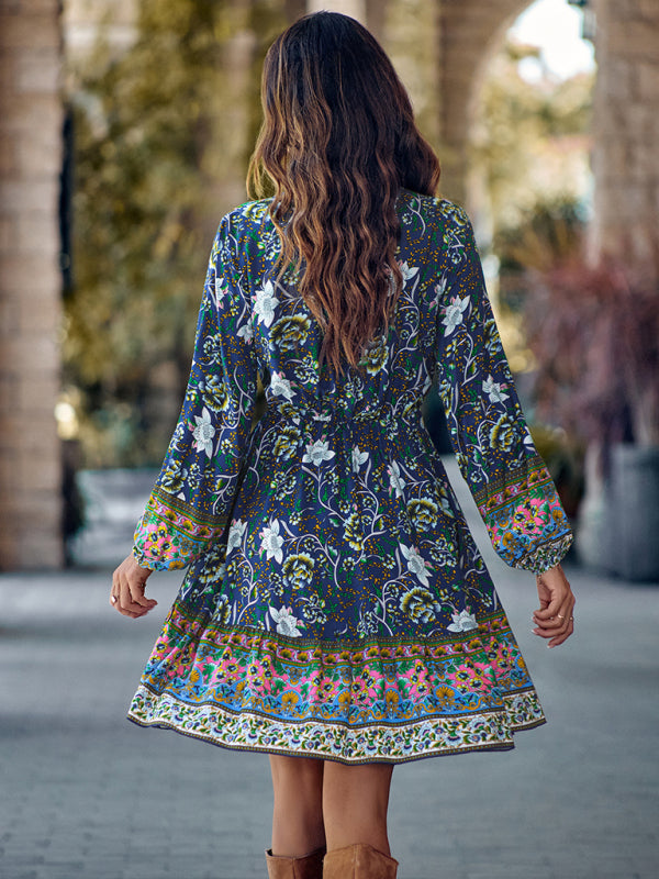 Eco-friendly Women's V-neck printed waist long-sleeved dress