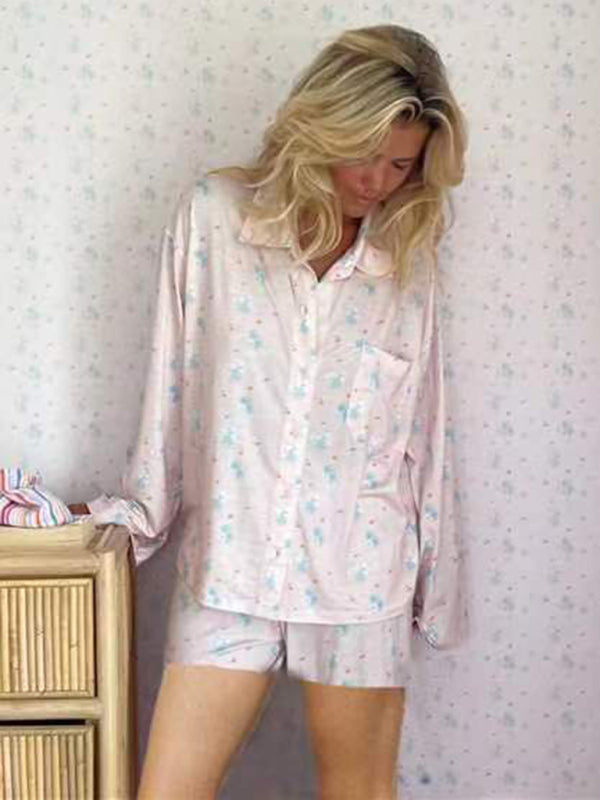 New long-sleeved printed pajamas with slits, loose long-sleeved shorts, home wear set