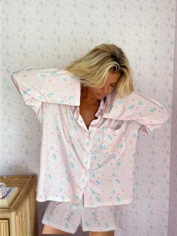 New long-sleeved printed pajamas with slits, loose long-sleeved shorts, home wear set