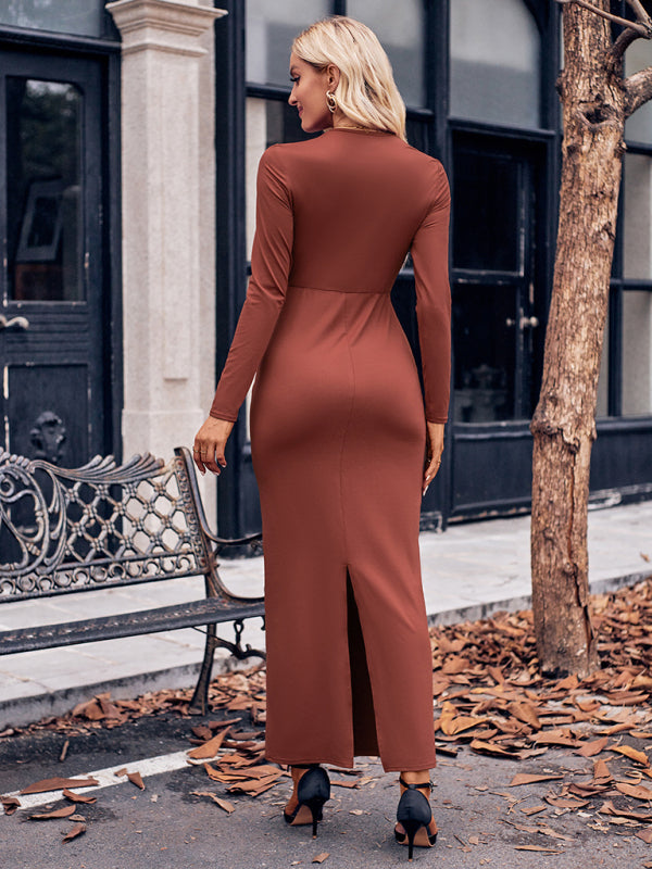 Eco-friendly V-neck solid color twist waist long-sleeved dress