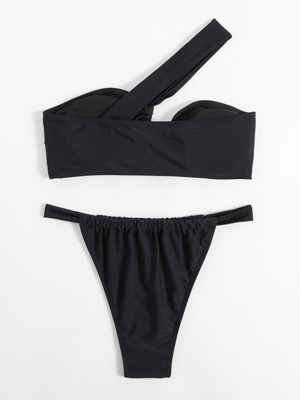 Eco-friendly New solid color split swimsuit one shoulder slant shoulder solid color bikini