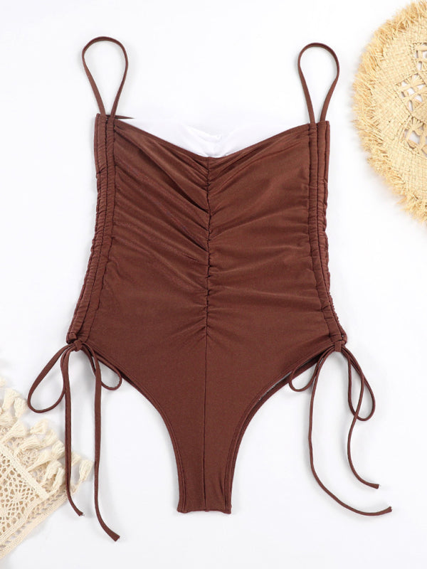New drawstring one-piece swimsuit solid color pleated sexy suspender bikini