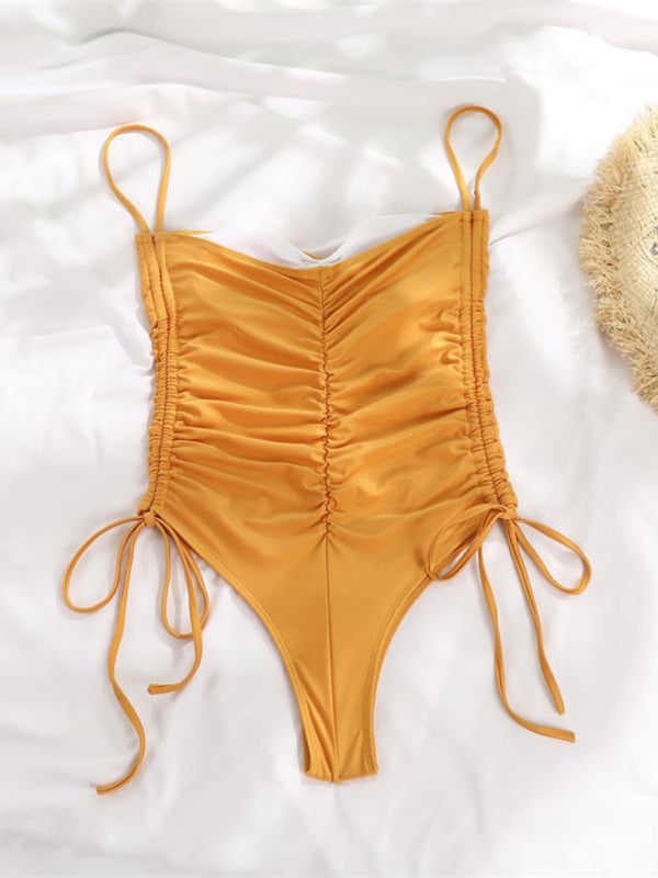New drawstring one-piece swimsuit solid color pleated sexy suspender bikini