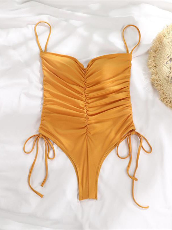 Eco-friendly New drawstring one-piece swimsuit solid color pleated sexy suspender bikini