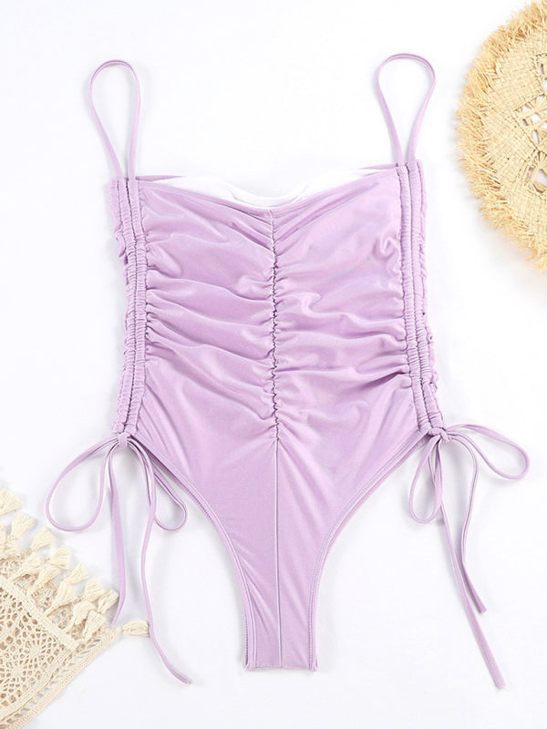 Eco-friendly New drawstring one-piece swimsuit solid color pleated sexy suspender bikini