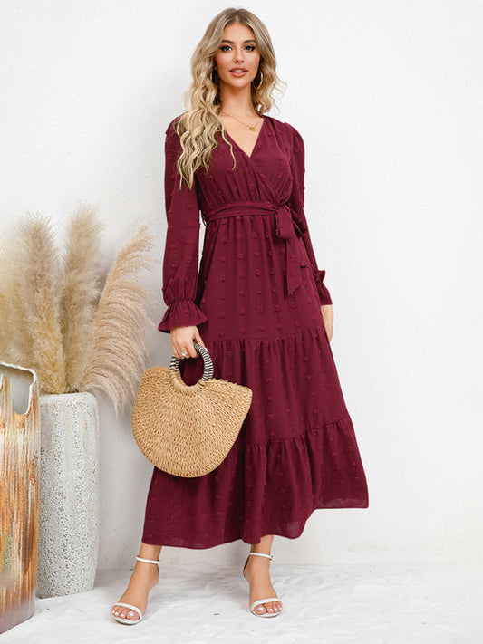 Eco-friendly Women's casual belted dress with large hem