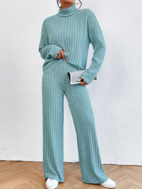 Eco-friendly Casual high collar knitted long sleeve women's knitted two-piece set