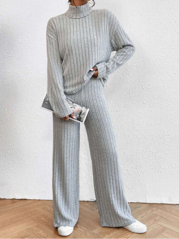Eco-friendly Casual high collar knitted long sleeve women's knitted two-piece set