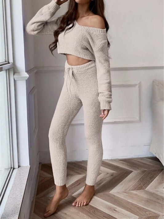 Eco-friendly V-neck short knitted sweater women's drawstring lace-up trousers fashion suit