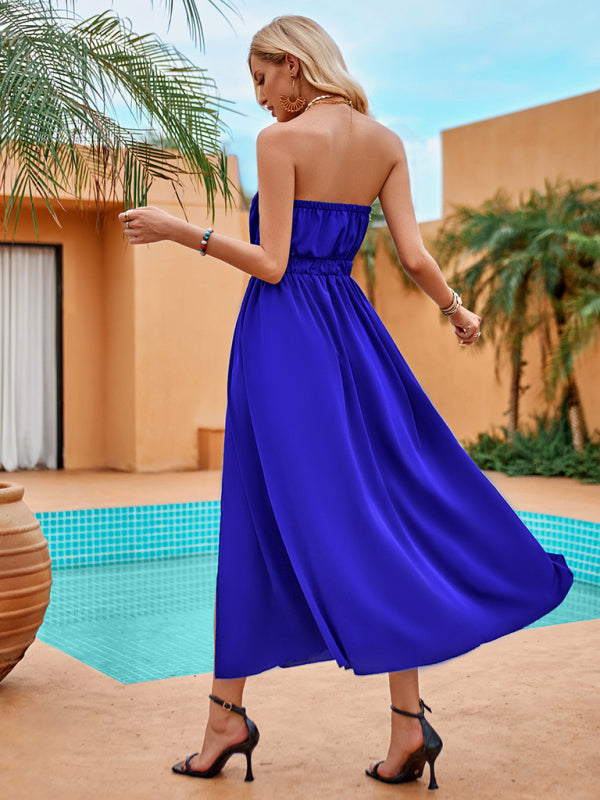 Solid color bandeau waist trendy long dress
