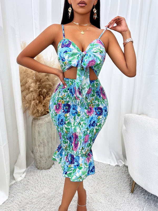 Eco-friendly Printed hip-hugging hollow strap dress